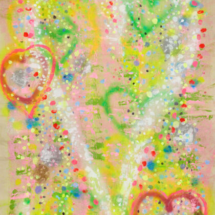 White Heart with Fluro 2021 Original framed in oak wood. Cotton canvas drop sheet with acrylic paint. Dimensions: 170cm x 107cm This work comes from the St Valentines Day Heart series. I made this series to celebrate the joy of the promise of a Valentine Day Love Heart.